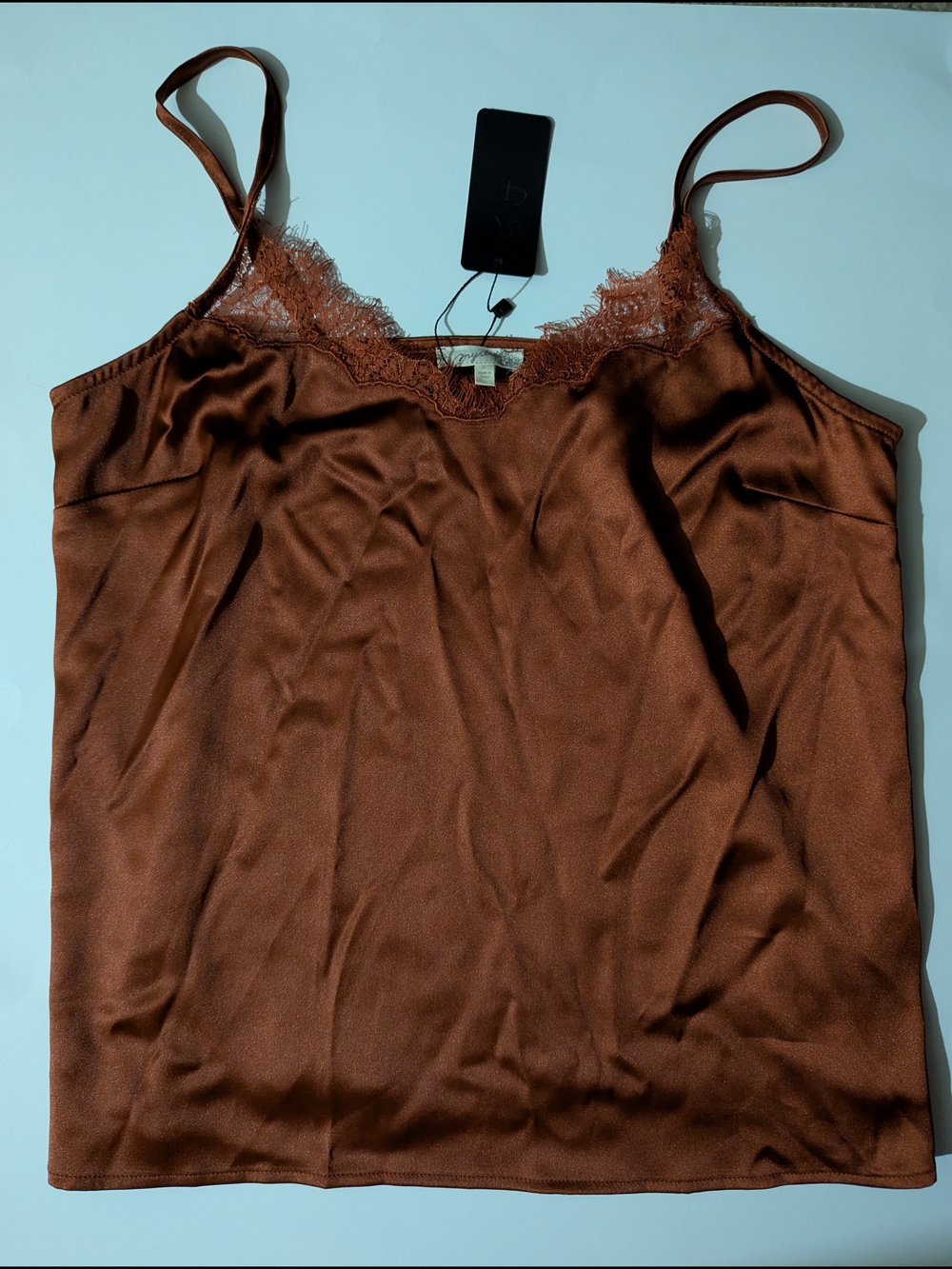 Lace-Trim Satin Cami Tank Top - Brown